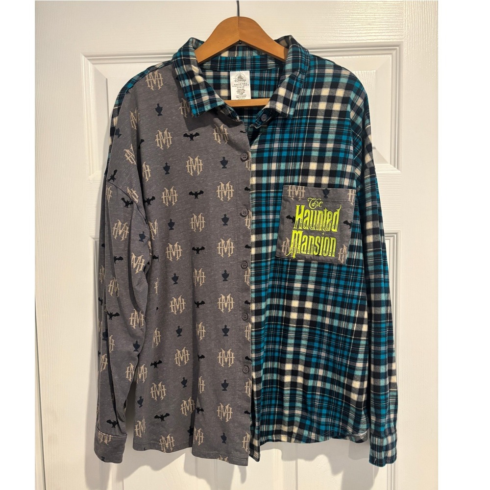 Disney Parks Haunted Mansion Split Plaid Button Front Shirt 1X Unisex Monogram